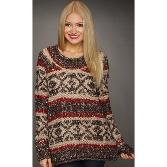 Free People Sweaters - FREE PEOPLE Brown Ivory Red Pullover